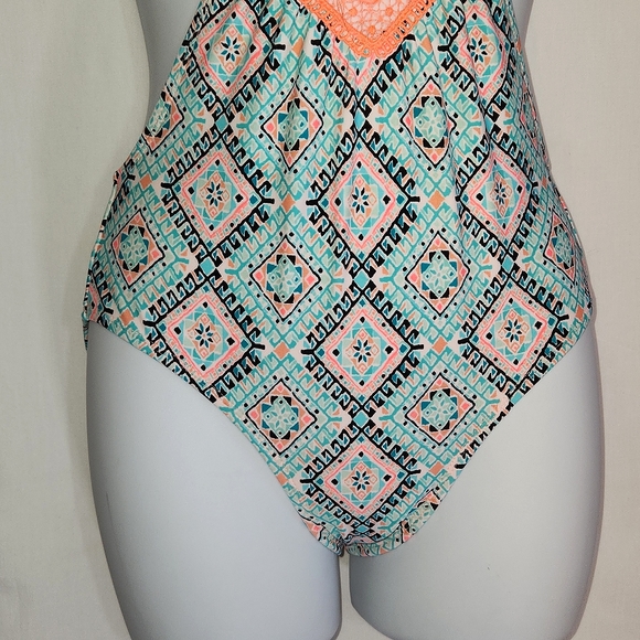 Xhilaration Monokoni Swimsuit Turquoise and Peach Medallion Pattern Sz Small - Picture 6 of 14